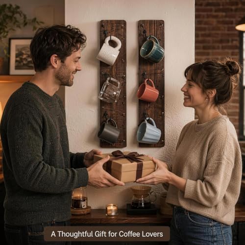 Wooden Coffee Mug Holder Wall Mount, Practical Mug Rack Wall Mounted, 2 Pack 12 Hooks Storage Shelf for Home Office Dining Room Kitchen Bar - Image 7