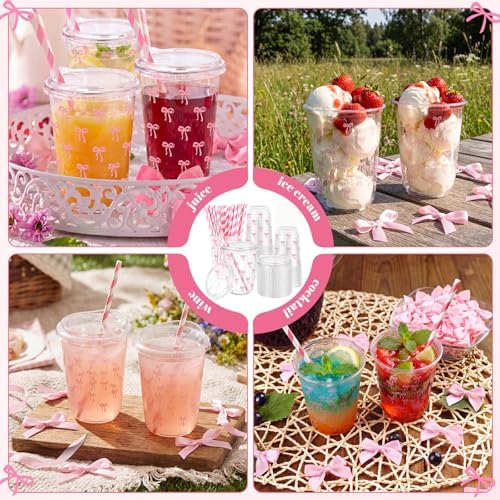 LemonRoad 50 Sets Line Bows Clear Plastic Cups with Lids & Straws 16 oz Pink Party Tumblers for Iced Coffee, Smoothies, Juice & More Cute Disposable Pet Mugs for Birthdays & Gatherings - Image 5