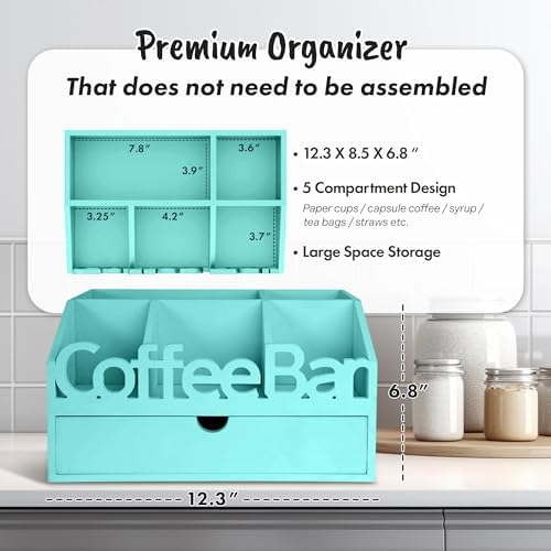 Coffee Bar Organizer Countertop, Wood Coffee Station, Drawer, Turquoise - Image 2