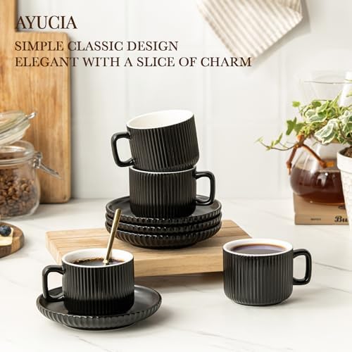 5 Ounce Espresso Cups Set of 4, Small Coffee Cups with Saucers and Spoons, Black Ceramic Demitasse Espresso Mugs - Image 2