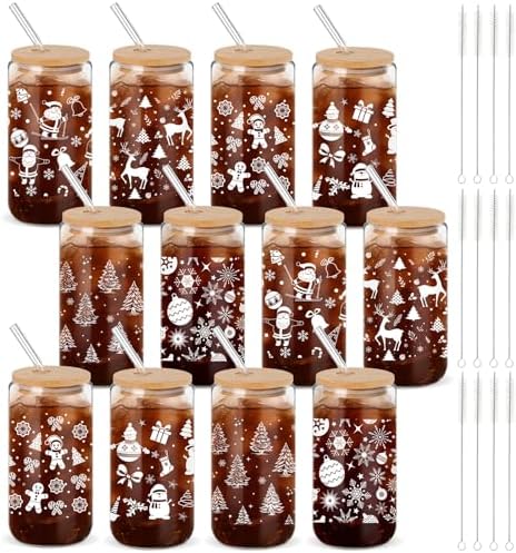 12 Pack Christmas Glass Cups Gifts, 16 oz Xmas Glass Tumbler, Fresh Style by Acellegic