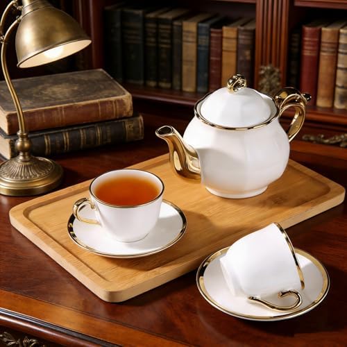 20-Piece Porcelain Tea Sets for Adults, British Style Tea Party Sets for 6 Adults, Includes Tea Cups and Saucers, Teapot, Spoons & Metal Rack, Elegant Ceramic Tea Set for Women, Wedding & Home Decor - Image 6