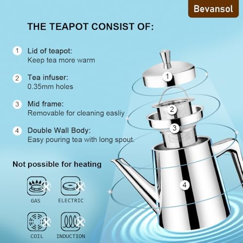304 Stainless Steel Double-walled Teapot Long Strain Large Capacity Teapot with Infuser and Removable Filter for Home Restaurant Office Dinnerware Accessories Drinkware Item - Image 4