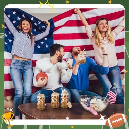 12 Pack 16 oz Football Glass Cups with Bamboo Lid and Straw - Image 4
