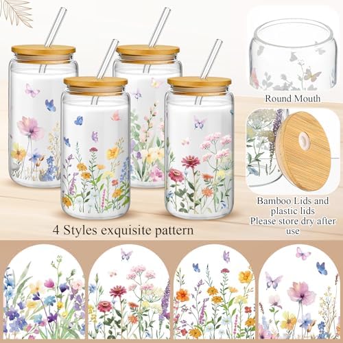 Mumufy 24 Pcs Pastel Wildflower Glass Cup, 16oz Tumbler Mug with Bamboo Lid - Image 3