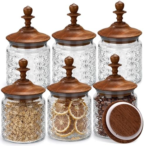 Suclain 6 Pack 17 oz Glass Spice Jars with Dark Wood Lids Vintage Canisters with Star Pattern Airtight Food Storage Container for Home Kitchen Tea Coffee Spice Pantry Organization Decorations by Suclain