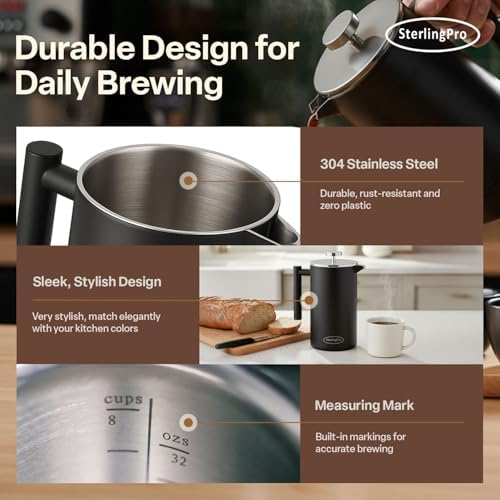 SterlingPro 1.75 L 59 oz Black Extra Large French Press Coffee Maker and 2 Pack Replacement Screens Bundle Stainless Steel Double Wall Insulated for Tea and Coffee - Image 6