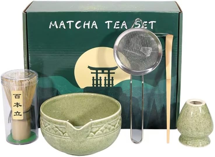 Ceramic matcha agitator, Matcha Whisk and Bowl Tea Set 5Pcs Ceremony Chasen Tool Stand for Beginners Kit(Dark matcha) by Unknown