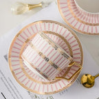 8.45oz European Ceramic Coffee Cup & Saucer Set of 2 with Handle & Gold Spoons, Stripe with Gold Accents, for Latte, Tea, Cappuccino, Gift Boxed for Tea Party, Housewarming Gift (two pink) - Image 3