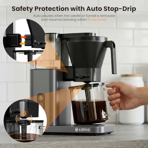Kismile SCA Certified 8-Cup Coffee Maker, 6-Min Quick Brew, Hot & Cold Brew Coffee Machine, Adjustable Flow Control, Magnetic Anti-Drip, Keep Warm, DIY Manual Mode, Dishwasher Safe, Light Gray - Image 6