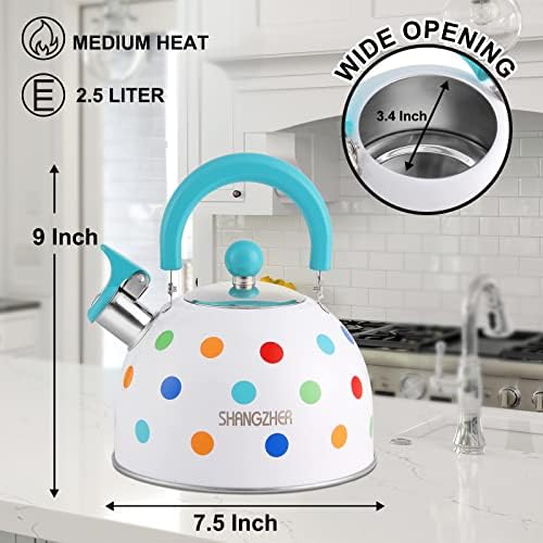 SHANGZHER Cute Polka Dots Tea Kettles Stovetop Stainless Steel Whistling Kettle Tea Pots for Stove Top 2.6 Quart / 2.5 Liter Blue - Image 3