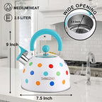 SHANGZHER Cute Polka Dots Tea Kettles Stovetop Stainless Steel Whistling Kettle Tea Pots for Stove Top 2.6 Quart / 2.5 Liter Blue - Image 3