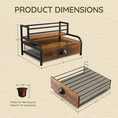 3-Tier Coffee Bar Stand Organizer for Countertop, Rustic Wood & Metal Bottle Display Shelf with Coffee Pod Drawer, Wine Rack, Liquor Display Shelf for Home Coffee Station - Image 2