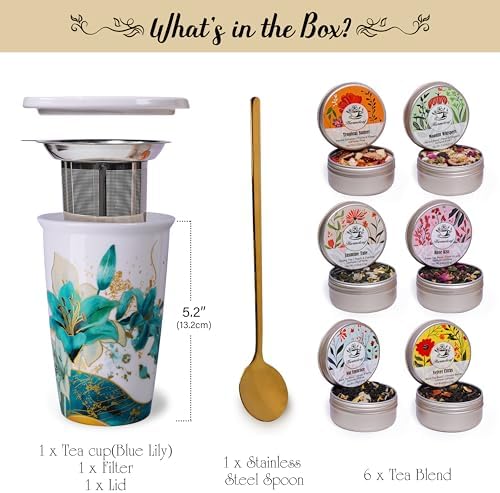 Harmoleaf Tea Gift Set for Women, 6 Loose Leaf Tea Blends with Blue Lily Insulated Ceramic Cup, Stainless Steel Infuser, Lid and Gold Spoon, Birthday, Mother's Day, Anniversary, Retirement Gift for Her - Image 7