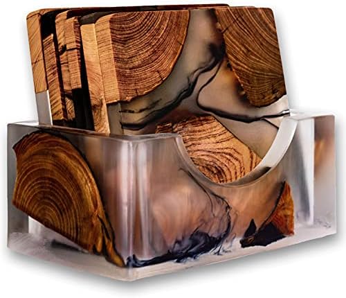 Wooden Coasters Set, Epoxy Modern Coasters with Holder, Cedar Wood (4 Pack with Holder) by Unknown