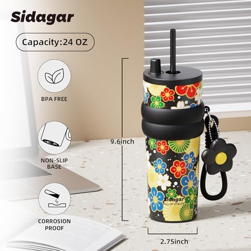 SDGA+ 24 oz Stainless Steel Tumbler with Lid and Straw, Insulated Water Bottle Leak Proof for Hot and Cold, Portable Travel Coffee Mug, Reusable Coffee Cup for Women, Midnight Kimono - Image 2