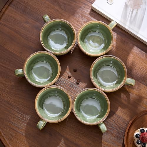 Coffeezone Set of 6 Vintage Design 12 oz Professional Barista Ceramic Latte Art Cappuccino Cups Set (Wave Green) - Image 3
