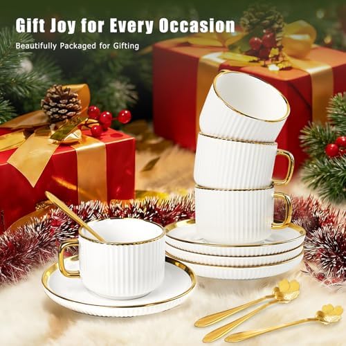 Coffee Cup and Saucer Set of 4, 5 oz Ceramic Espresso Cups Set - Image 7