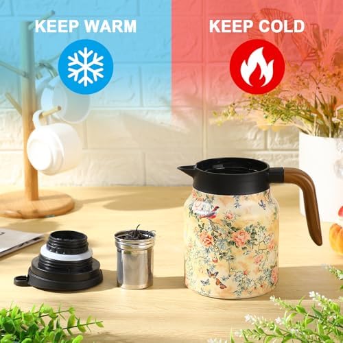 LemonRoad 2 Pcs 35 oz Vintage Floral Pattern Tea Pot with Infuser | Stainless Steel Insulated Tea Pot with Lid and Wooden Handle Thermal Carafe for Hot Drinks Coffee(Green, Pink) - Image 4