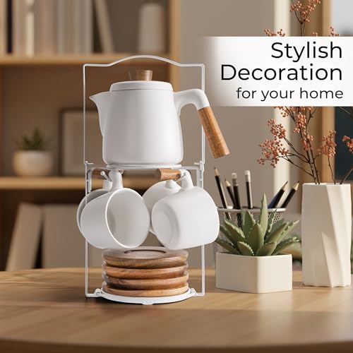 MIAMIO - Teapot Set with 4 Cups & Rack (34/10 oz) with Infuser (White) - Image 4