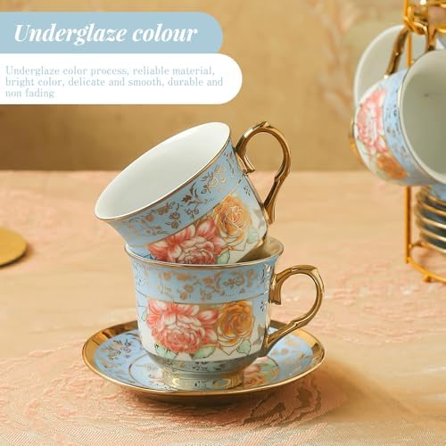 20Pcs Porcelain Tea Set for Adults, European Ceramic Tea Set Flower Ceramic Tea Cups, Teapot, & Saucers with Metal Holder for Women Tea Party (Blue) - Image 5