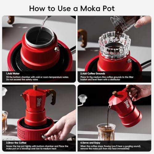 Bincoo Three-valve Espresso Maker Stovetop,2 Cups Camping Moka Pot Espresso Italian Coffee Maker,Rich Crema,Easy to Use (Red) - Image 7