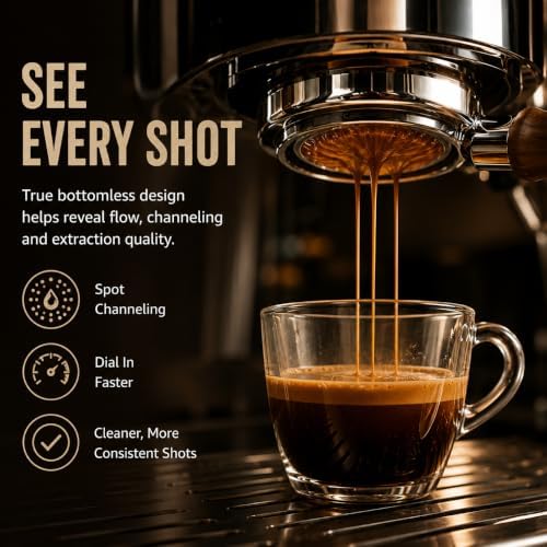 58mm Bottomless Portafilter with ARCFLOW 18g Convex Basket & Solid Walnut Handle, 304 Stainless Steel Naked Espresso Portafilter for E61 Group Head, La Marzocco & More - Image 5