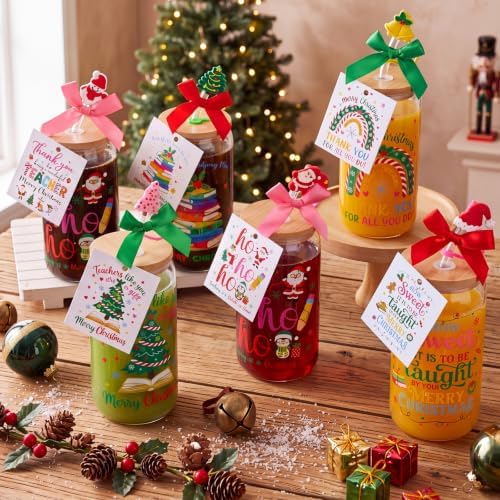 Vesici 6 Set Christmas Teacher Appreciation Gifts Glasses Cups 16 oz Women Drink Cup with Lid Straw and Stopper Can Shaped Thank You End of Year Gifts for Teacher from Student School Present(Classic) - Image 2