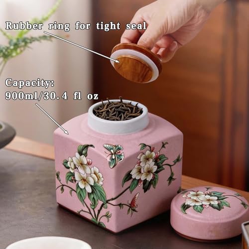 Coffee Bean Storage Canister with Airtight Lid, Decorative Ceramic Tea Jar with Vintage Floral Pattern, Sugar Container & Spice Jar for Kitchen Countertop, Cabinet or Shelf - Pink & 30oz - Image 2
