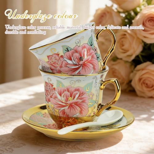 20 Pcs Porcelain Tea Set with Metal Holder and Spoon, European Ceramic Tea Set for Adults, European Flower Painting Teapot Cup Saucer Spoon Set for 6, Gift Pack (Pink and Gold) - Image 5