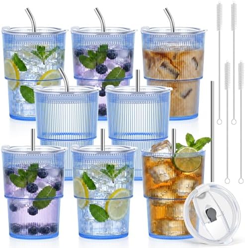 8 Pcs 15oz Plastic Tumblers with Lids and Straw Ribbed Iced Coffee Cups Blue Reusable Plastic Cups Leak-Proof Travel Iced Coffee Tumblers for Home Office Travel with Clean Brush by SMAODSGN