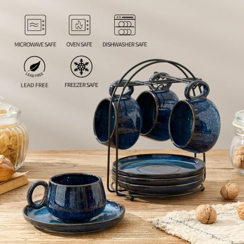 LUKA 7.77 oz Ceramic Cappuccino Cups with Saucers and Metal Stand, Set of 4 Large Unique Porcelain Coffee Cup for Latte, Cafe Mocha, Tea, Espresso, Dishwasher Safe, Reactive Glaze Bule - Image 5