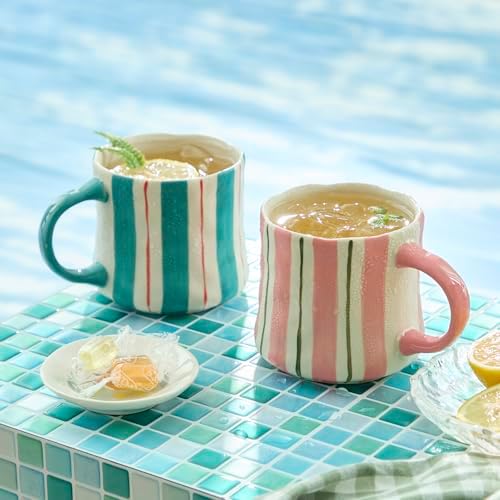 Striped Ceramic Coffee Mugs Set of 2, Pink and Green Stackable Stoneware Mugs for Morning Coffee, Tea & Cocoa, 12oz Dishwasher & Microwave Safe Mug Gift Set for Home & Office by DelightsGalore