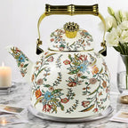 Vintage Enamel Tea Kettle Boho Floral Stovetop Teapot 2.5L Colorful Bohemian Enamel Kettle Kitchen Decor Hot Water Coffee Pot with Gold Handle - Image 4