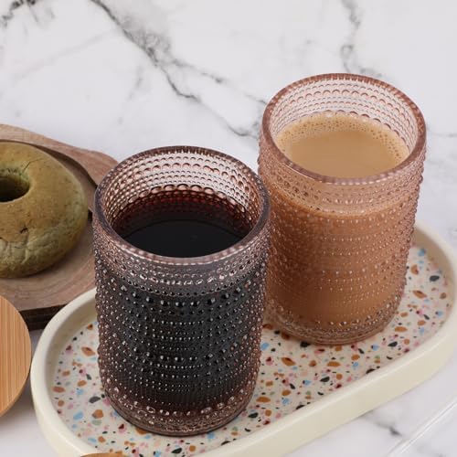 Vintage Drinking Glasses Set of 4 with Bamboo Lids, Textured Clear Striped Ribbed Glassware Set Cocktail Set Beaded Glass Cups Old Fashion Embossed Iced Coffee Cup for Beer, Beverage(16 oz), Rose Gold - Image 7