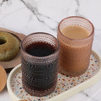 Vintage Drinking Glasses Set of 4 with Bamboo Lids, Textured Clear Striped Ribbed Glassware Set Cocktail Set Beaded Glass Cups Old Fashion Embossed Iced Coffee Cup for Beer, Beverage(16 oz), Rose Gold - Image 7