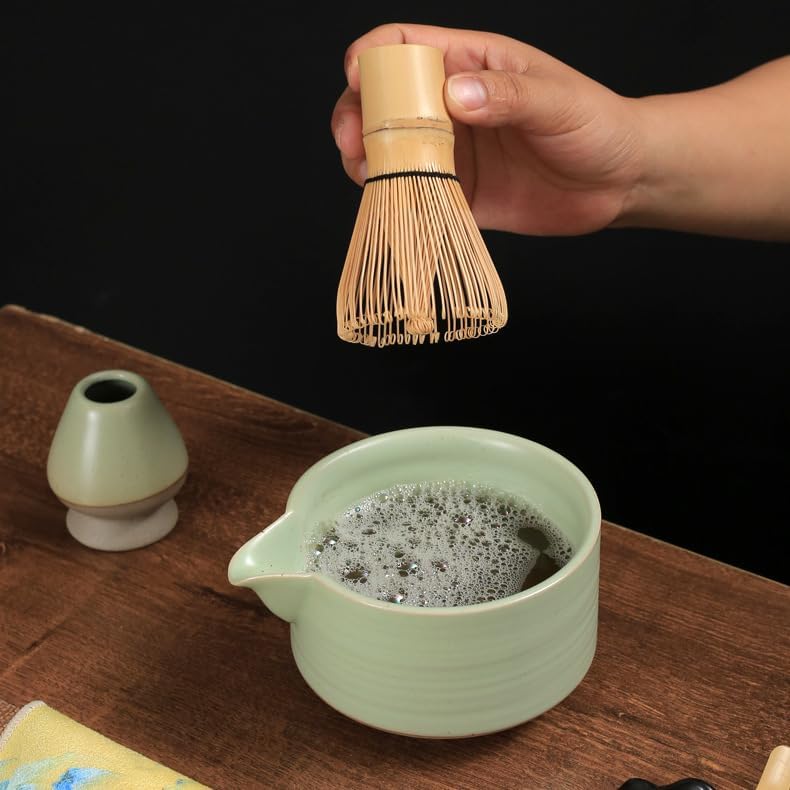 Japanese Matcha Tea Set of 4 Ceremony Matcha Kit with Matcha Bowl(Chawan) with Pouring Spout, Matcha Whisk (Chasen), Scoop (Chashaku) for Japanese Tea Ceremon Green - Image 2