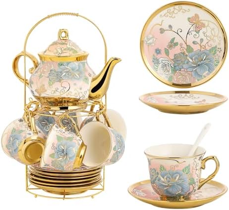 20 Pieces Porcelain Tea Set With Metal Holder, European Ceramic tea set for adults,Flower Tea Set,Tea Set For Women With Flower Painting (VIVID YELLOW, Largr Vision) by TATSUMI