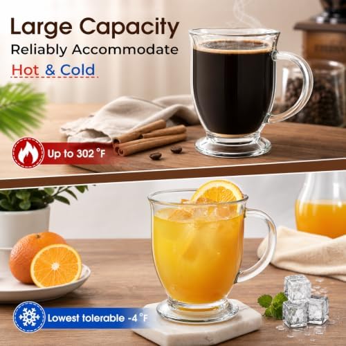 6 Pack Glass Coffee Mugs with 6 Spoons, 15 OZ Clear Drinking Glasses with Handle, Large Espresso Cup, Hot Cold Beverage Glassware Set for Water, Tea, Cappuccino, Latte, Juice, Cocoa, Milk - Image 4