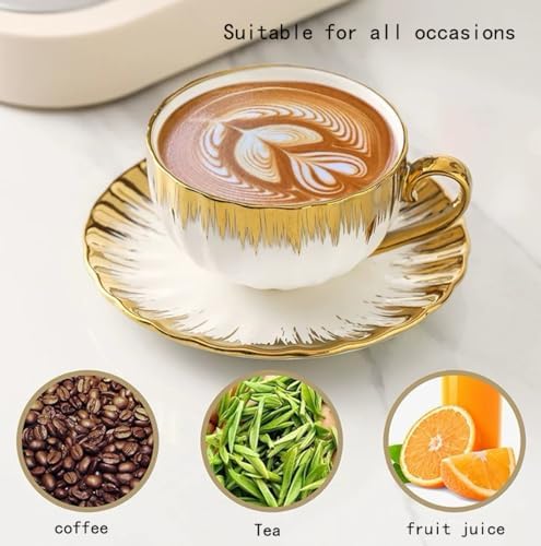 CHANJOON 6 Teacups Tea Tray Spoon Set, 6oz with Galvanized Gold Rim and Gift Box, Ceramic White English Coffee Teacup (gold color, Large) - Image 3