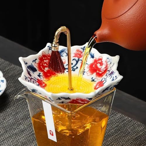 Chinese Blue and White Porcelain Tea Infuser - Umbrella Shape Ceramic Loose Leaf Tea Strainer with Rotating Filter, Traditional Kung Fu Accessories, Elegant Kung Fu Brewing Tool for Teapot or Cup(Red) - Image 7