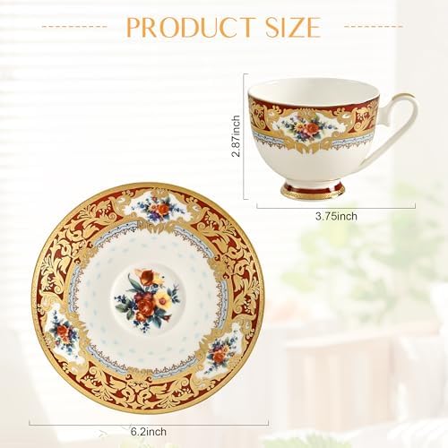 Luxury White & Gold Embossed Tea Cups and Saucers with Teapot, Sugar Bowl, & &Creamer, Vintage European Porcelain Coffee Set for Tea Party, Wedding, Gift (Red&Gold, 4pcs/set) - Image 6