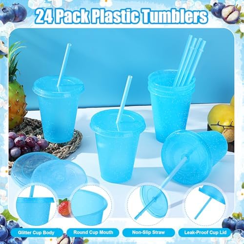 24 Pcs Plastic Tumblers with Lids and Straws, Reusable Cups with Lids Plastic Colorful Cups for Party Birthday, Iced Coffee Cup Travel Mug Cold Drink Tumblers Bulk (16 oz, Blue) - Image 3