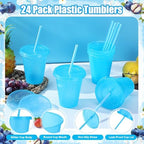 24 Pcs Plastic Tumblers with Lids and Straws, Reusable Cups with Lids Plastic Colorful Cups for Party Birthday, Iced Coffee Cup Travel Mug Cold Drink Tumblers Bulk (16 oz, Blue) - Image 3