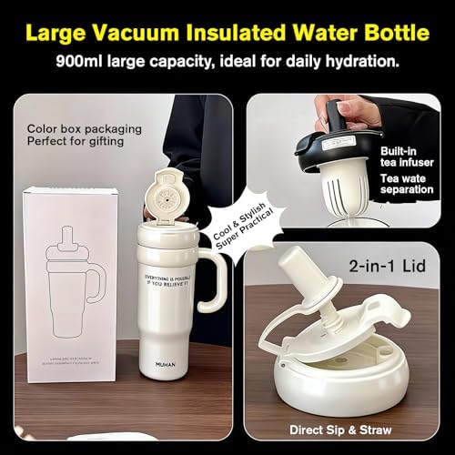MUHAN 30oz Insulated Tumbler with Handle, Stainless Steel Water Bottle, Travel Mug (Moon White-Ceramic inner（Lid+tea strainer+Straw+handle）, MUHAN 30oz Insulated Tumbler with Handle) - Image 3