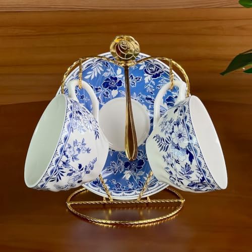 Blue and White Porcelain Coffee Cup and Saucer Set - Image 3