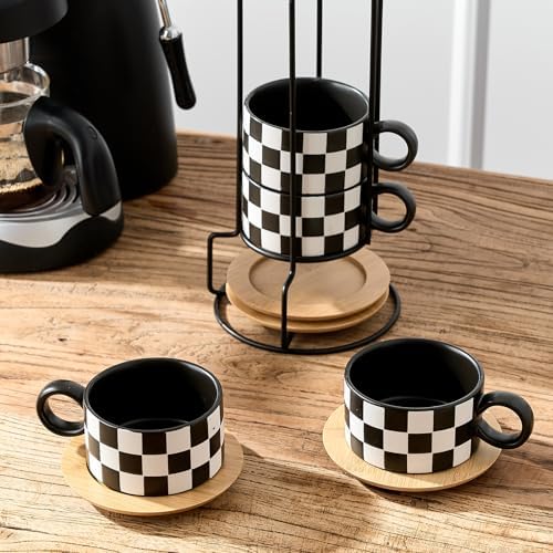 LUKA 6 Ounce Ceramic Stackable Black and White Checkered Espresso Cups with Saucers and Metal Stand Set of 4, Cappuccino Cups Set for Coffee Drinks, Latte, Cafe Mocha and Tea, Black Interior - Image 6
