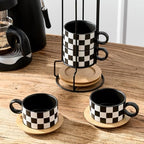 LUKA 6 Ounce Ceramic Stackable Black and White Checkered Espresso Cups with Saucers and Metal Stand Set of 4, Cappuccino Cups Set for Coffee Drinks, Latte, Cafe Mocha and Tea, Black Interior - Image 6