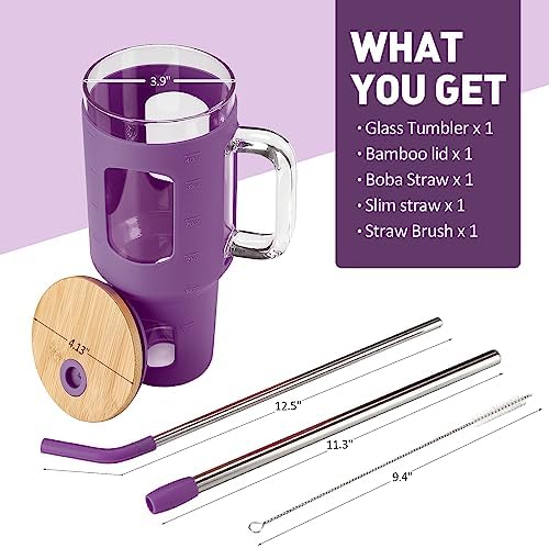 WINSA 40 oz Glass Tumbler with Straw and Lid & 50 oz Glass Water Bottles with Silicone Sleeve Bundle - Image 3