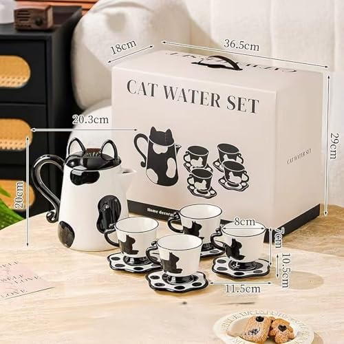 Porcelain Tea Set(1 Pot 4 Cups), Afternoon Tea Set, Suitable for Birthdays, Mother's Day, Christmas (Black Cat) - Image 4